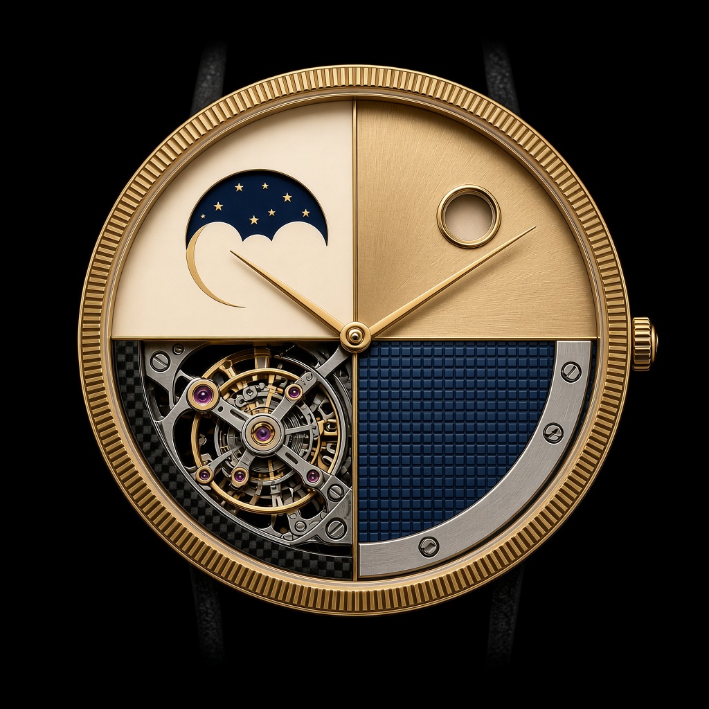A round gold watch whose dial is four quadrants: moonphase enamel, a champagne date ring, a blue tapisserie panel, and an openworked movement